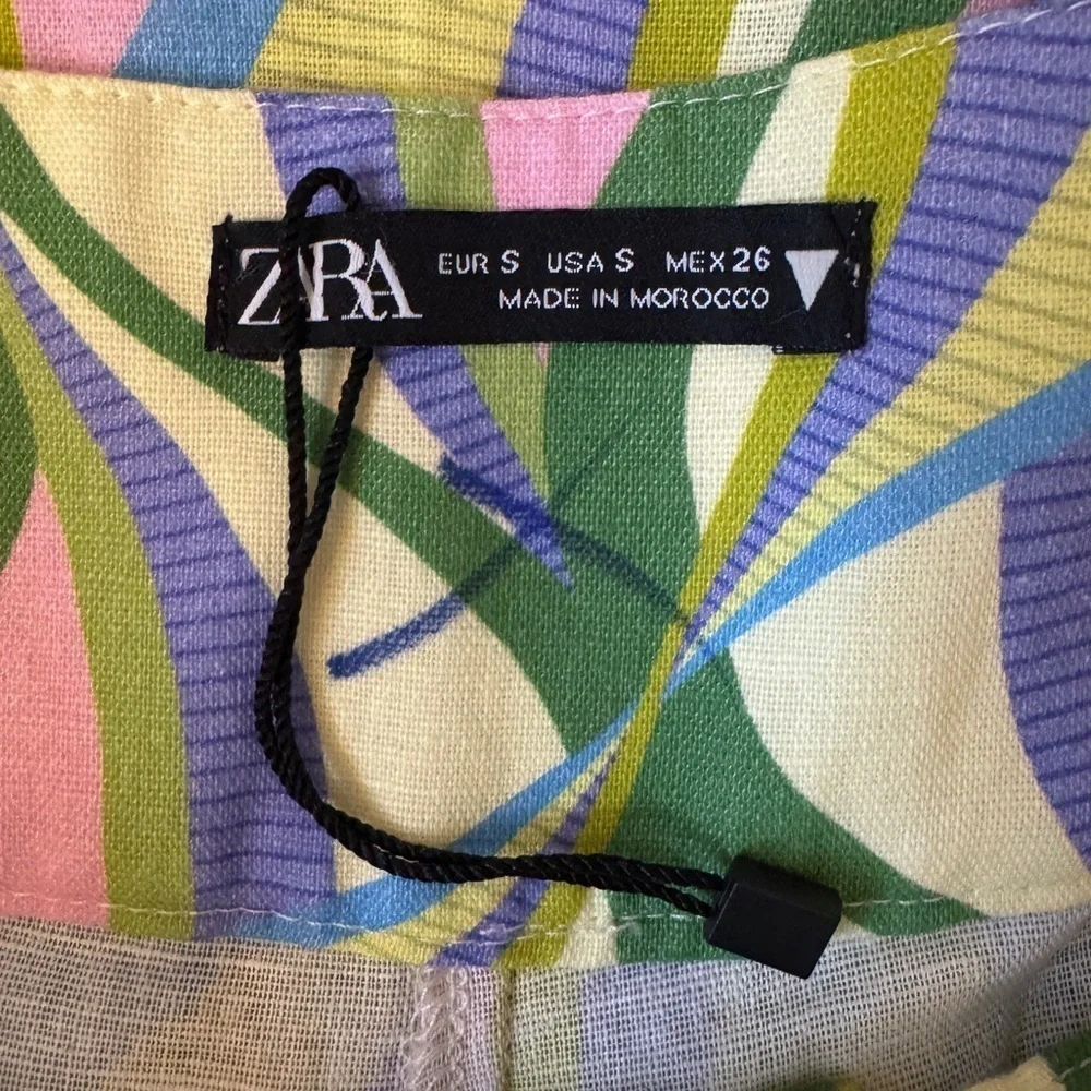 NWOT Zara Printed Linen Blend Flared Trousers, Multicolor Geometric Print, Sz S